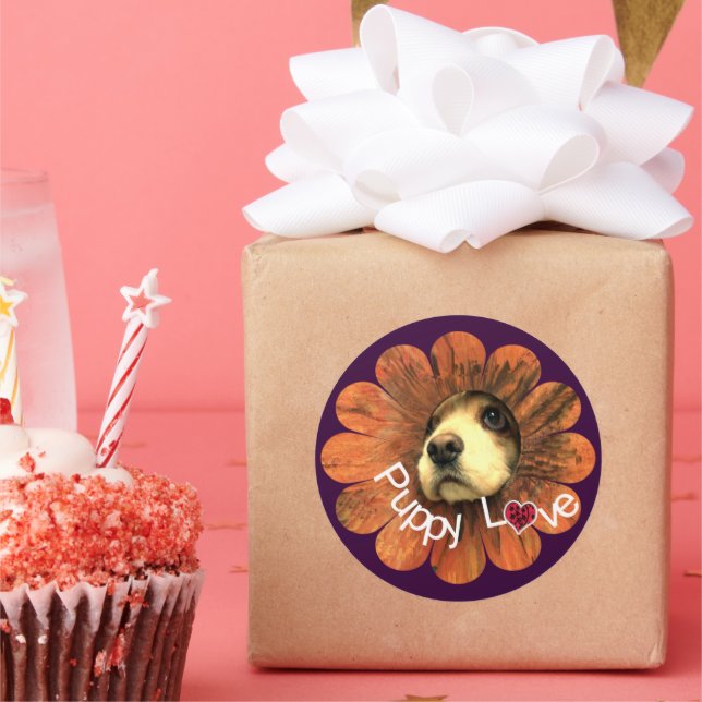 Puppy Love Peeking Out of a Flower Classic Round Sticker (Party)