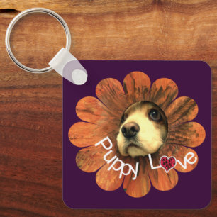Puppy Love Peeking Out of a Flower Key Ring