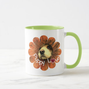 Puppy Love Peeking Out of a Flower Mug
