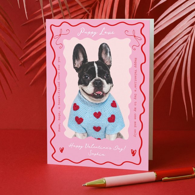 Puppy Love Pink Red Retro Dog Pet Photo Valentines Holiday Card (Puppy Love Pink Red Retro Dog Pet Photo Valentines Holiday Card)