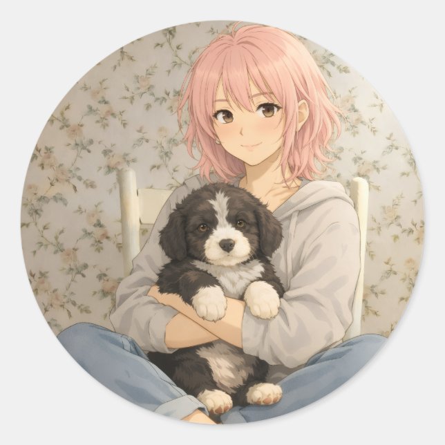 Puppy Love Round Sticker Cute Dog Vibes (Front)