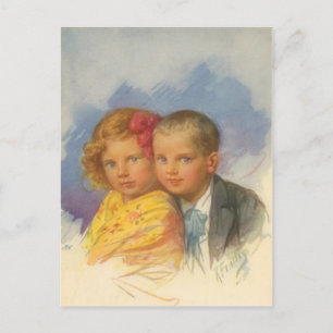 Puppy Love, Vintage Child, Boy & Girl Portrait Postcard