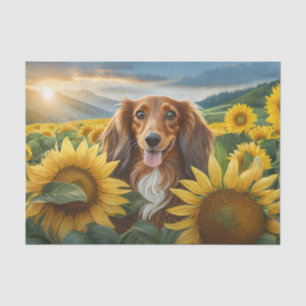 Puppy Loves Sunflowers Brown Long Haired Dachshund Tissue Paper