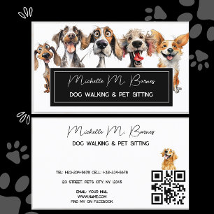  Puppy Modern Dog Walker Sitting QR Code  Business Card