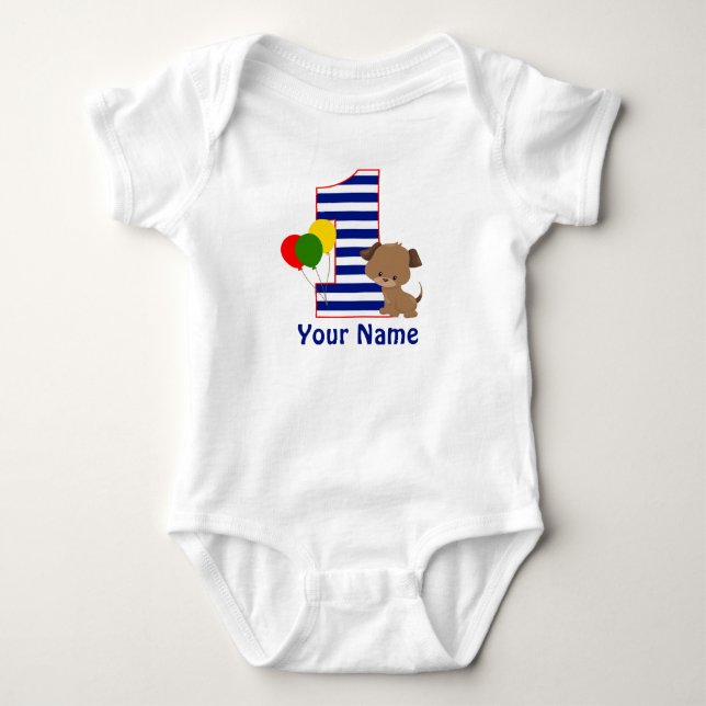 Puppy Navy Stripe First BIrthday Shirt (Front)