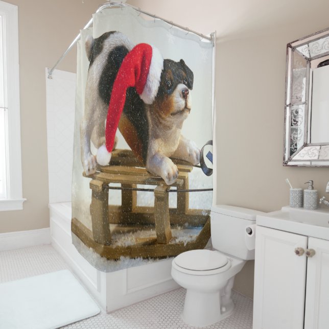 Puppy on a Sled Shower Curtain (In Situ)