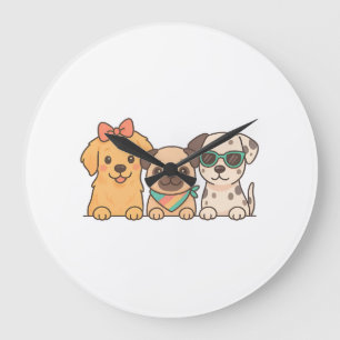 Puppy Pals � Cute Trio of Dogs in Pastel Style Large Clock