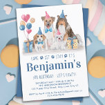 Puppy Party Dog Blue Boy Birthday Pawty Invitation<br><div class="desc">Let's Pawty! Invite friends and family to your kids or dog birthday party with this fun watercolor dog birthday invitation card. Personalise with name, birthday number, and all dog birthday party info! Visit our collection for matching pet birthday party decor, and gifts. This collection will be a favourite among dog...</div>