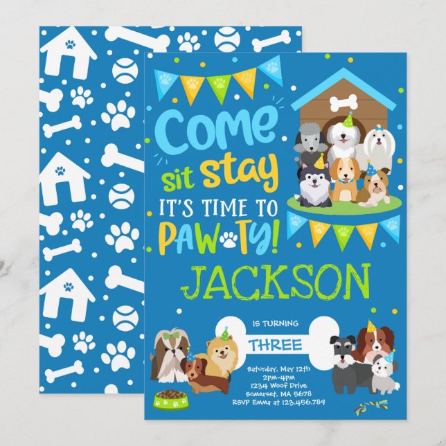 Puppy Party Invitation Doggy Birthday Pawty Boy (Front/Back)