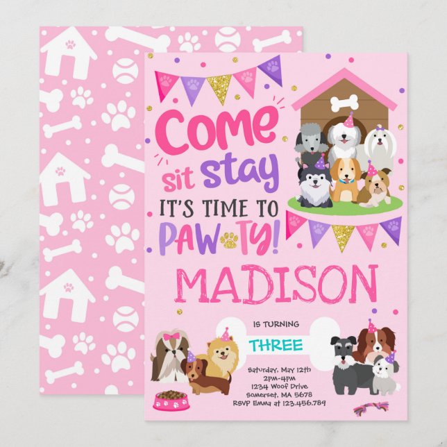 Puppy Party Invitation Pink Doggy Birthday Pawty (Front/Back)