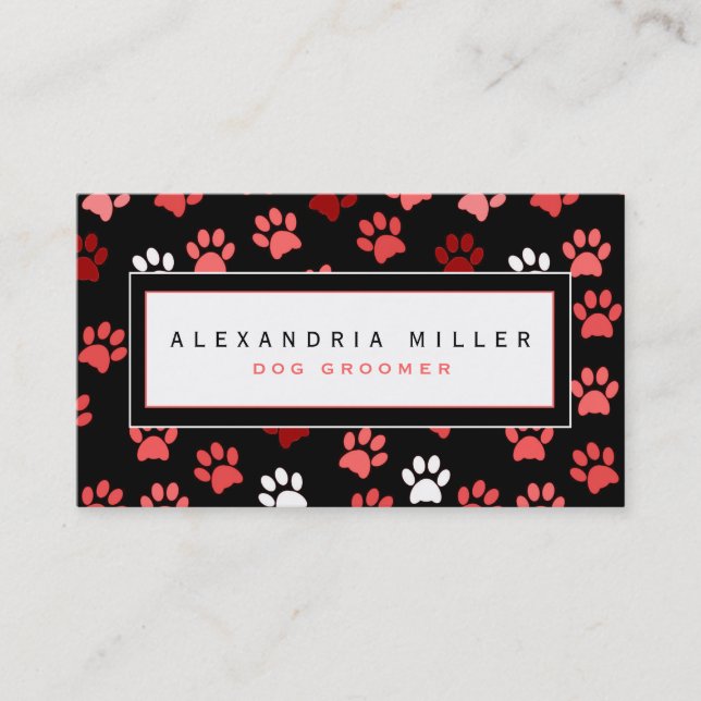 Puppy Paw Print Design | Black White & Pink Business Card (Front)