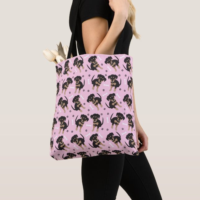Puppy Paw Print Pattern Dog Sitting Pink Tote Bag (Close Up)