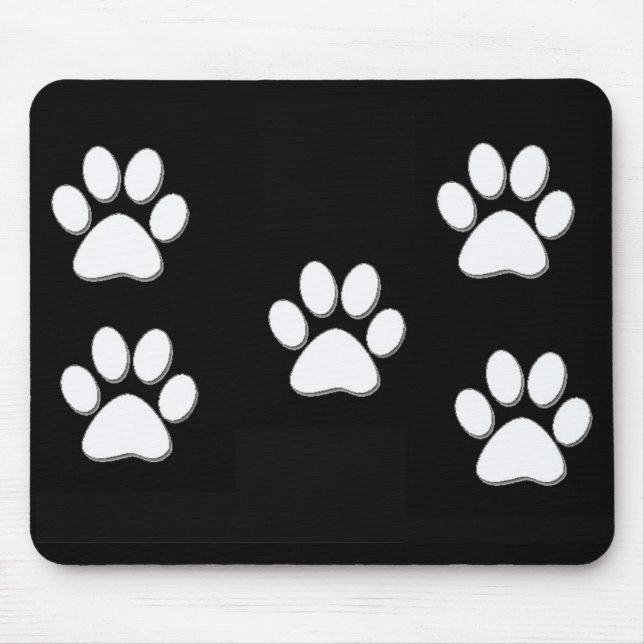 Puppy Paw Prints White on Black Mouse Mat (Front)