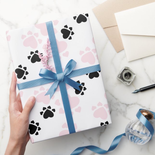 Puppy Paws Pattern Pink And Black Wrapping Paper (Gifting)