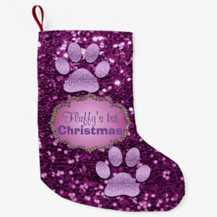 Puppy Paws Purple Faux Glitter Small Christmas Stocking