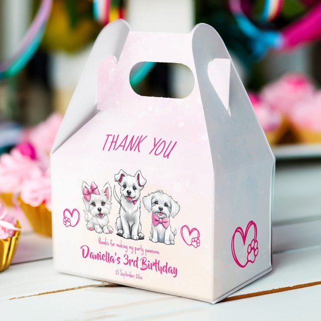 Puppy pawty cute white pink puppies template favour box (Puppy lets pawty favors cute white puppies with pink bows favor box template dog thank you favors)