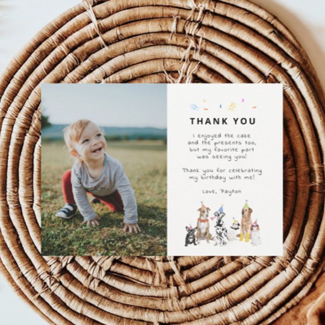 Puppy Pawty Dog Theme Birthday Photo Thank You Card (Creator Uploaded)