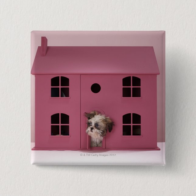 Puppy peering out of doll's house 15 cm square badge (Front)