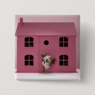 Puppy peering out of doll's house 15 cm square badge