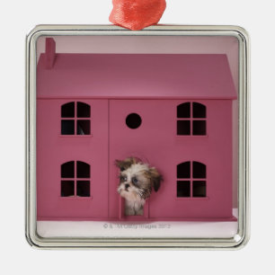 Puppy peering out of doll's house metal tree decoration
