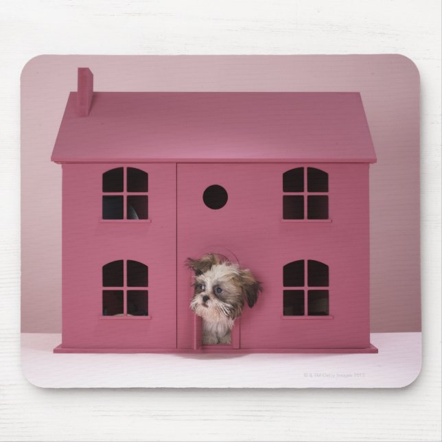 Puppy peering out of doll's house mouse mat (Front)