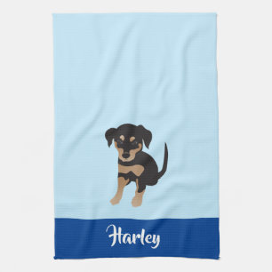 Puppy Personalizable Dog Name Blue Tea Towel
