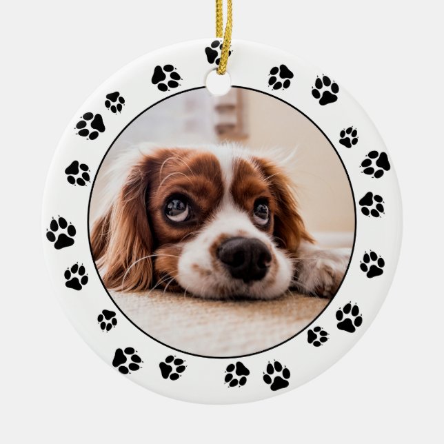 Puppy Photo Pawprints Ceramic Tree Decoration (Front)