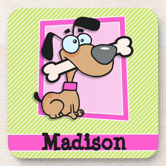 Puppy, Pink, Lime Green & White Stripes Coaster (Front)