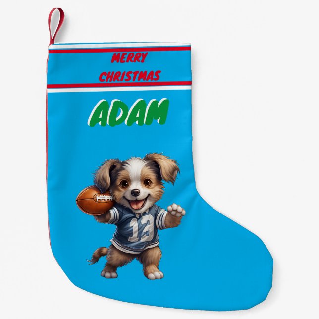 Puppy Playing Football Christmas Stocking / Name (Front)