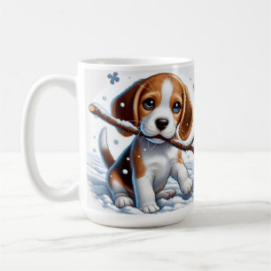 Puppy Playing in the Snow with a Stick in Winter Coffee Mug