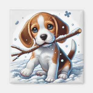 Puppy Playing in the Snow with a Stick in Winter Magnet