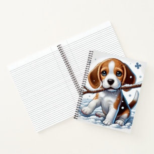 Puppy Playing in the Snow with a Stick in Winter Notebook