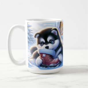 Puppy Playing With a Snow-Covered Winter Boot Coffee Mug