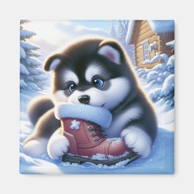 Puppy Playing With a Snow-Covered Winter Boot  Magnet (Front)