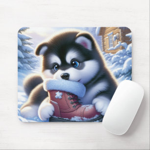 Puppy Playing With a Snow-Covered Winter Boot  Mouse Mat