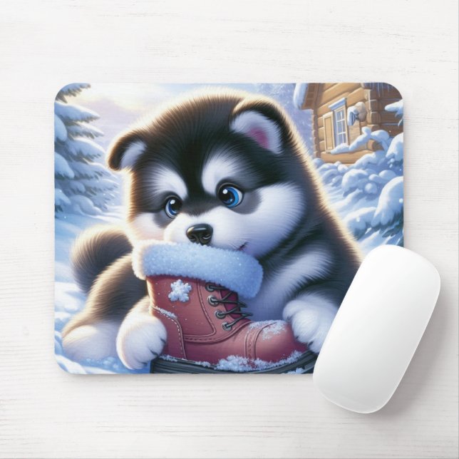 Puppy Playing With a Snow-Covered Winter Boot  Mouse Mat (With Mouse)