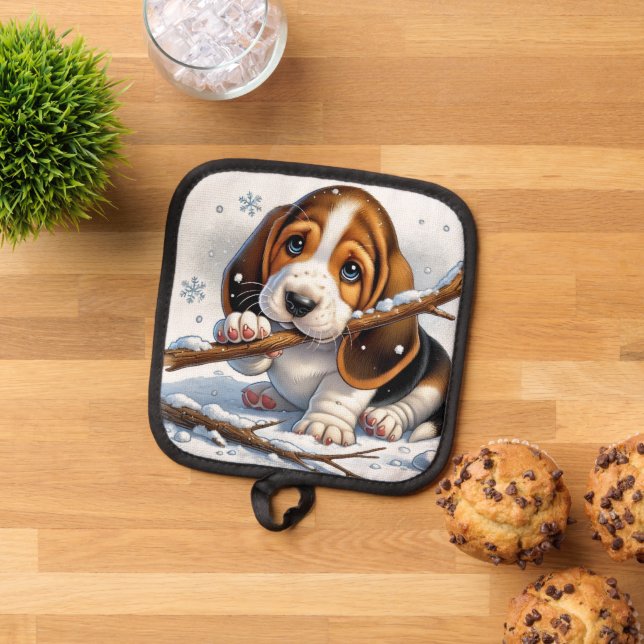 Puppy Playing with a Stick in Snowy Winter Scene Pot Holder (Top Down)