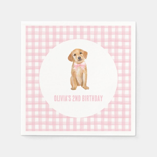 Puppy preppy pink plaid birthday napkin (Front)