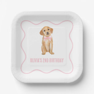 Puppy preppy pink plaid birthday paper plate