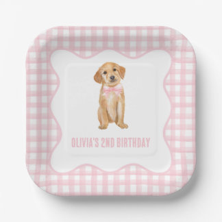 Puppy preppy pink plaid birthday paper plate