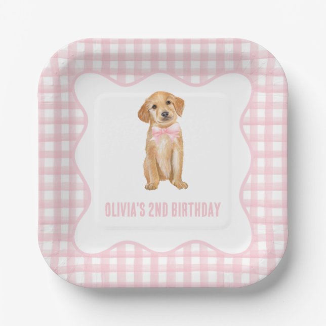 Puppy preppy pink plaid birthday paper plate (Front)