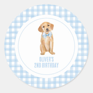 Puppy preppy plaid birthday classic round sticker