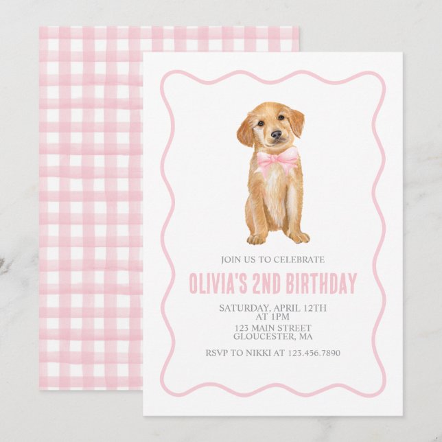 Puppy preppy plaid birthday invitation (Front/Back)