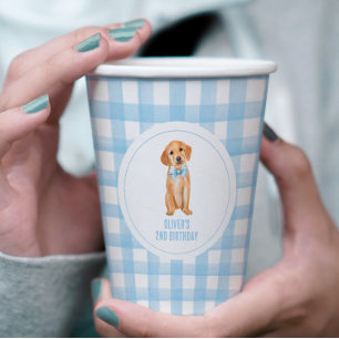Puppy preppy plaid birthday paper cups