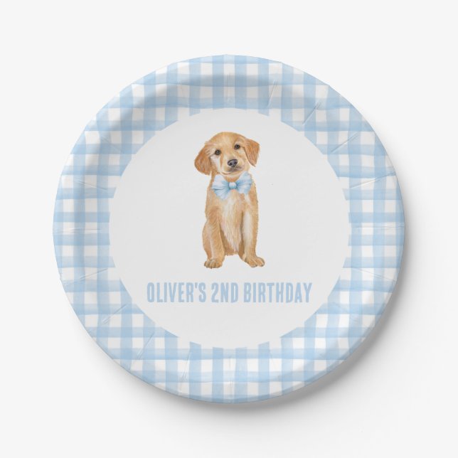 Puppy preppy plaid birthday paper plate (Front)