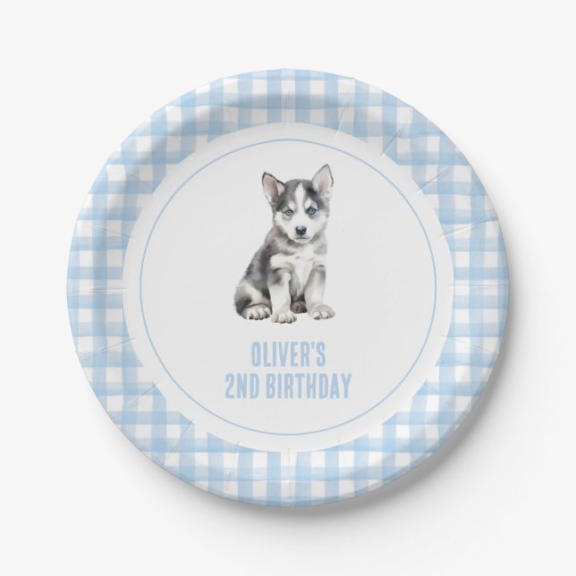Puppy preppy plaid birthday paper plate (Front)