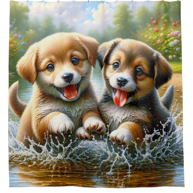 "Puppy Puddle Playtime" Shower Curtain (Front)