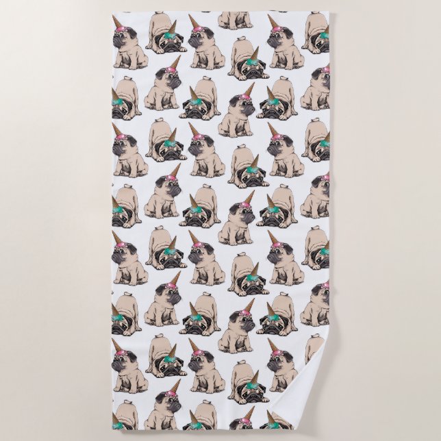 Puppy Pugs | Aspiring Unicorn Pattern Beach Towel (Front)