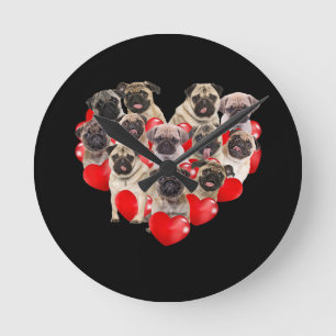 Puppy Pugs Dog Heart Valentine's Day Gift Round Clock