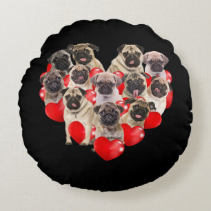 Puppy Pugs Dog Heart   Valentine's Day Gift Round Cushion